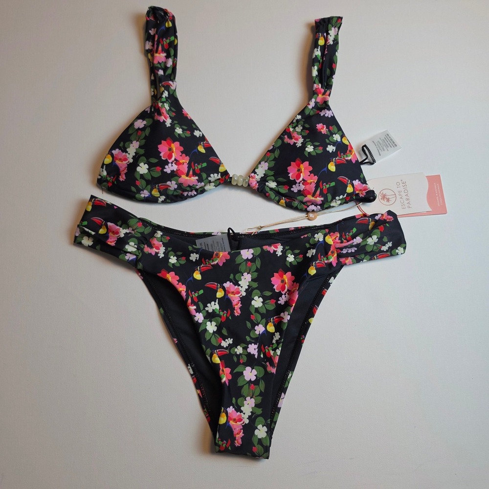 Escape to Paradise Toucan Floral Tropical Bikini Set Black Size Medium NWT